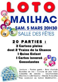 Loto du comité des Fêtes de Mailhac. Le samedi 5 mars 2016 à Mailhac. Aude.  20H30